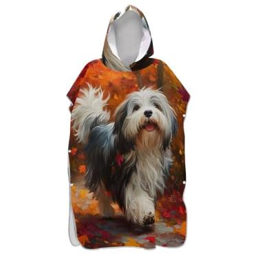 Imagem de TSENQUE Lindo cão outono folha de bordo surf poncho para adulto trocador roupão praia moletom toalha floral reutilizável homens mulheres poncho com capuz