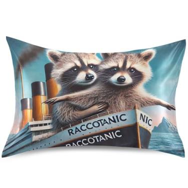 Imagem de Lindas capas de almofada de cetim com estampa de guaxinim Titanic para resfriamento de cabelo, capa de travesseiro padrão Queen King, tamanho Queen, 76 cm x 50 cm