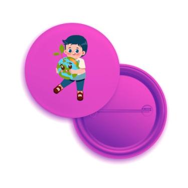 Imagem de Bottons com Alfinete, Tema Criança Abraçando o Planeta Terra, Design Cartoon, Branco, Pacote com 10 Unidades (30, Rosa)