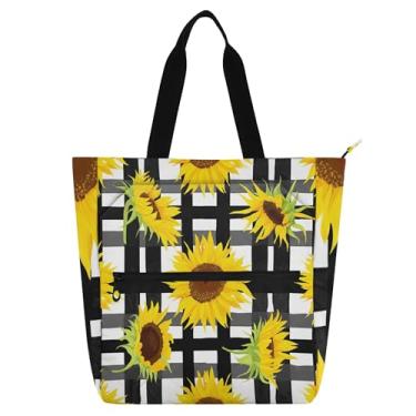 Imagem de Bolsa de trabalho feminina com girassol amarelo, preto, branco, quadriculado, lona, praia, escola, bolsa infantil, bolsas fofas, para amantes de livros, presentes