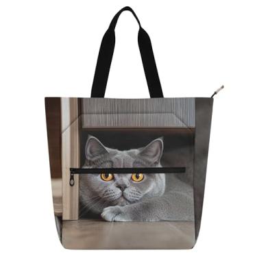 Imagem de GAIGEO Bolsa feminina com estampa de gato de pelo curto britânico, bolsa de tecido de lona, faculdade, escola, presente de viagem para amantes de livros