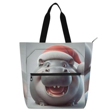 Imagem de Sacolas femininas engraçadas de hipopótamo Papai Noel para trabalho de lona escolar bolsa de livros femininas para crianças presentes para amantes de livros