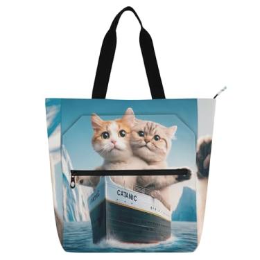 Imagem de GAIGEO Sacola de trabalho com estampa de gato fofa para mulheres, bolsas de tecido de lona, universidade, escola, utilitário, bolsas infantis para amantes de livros