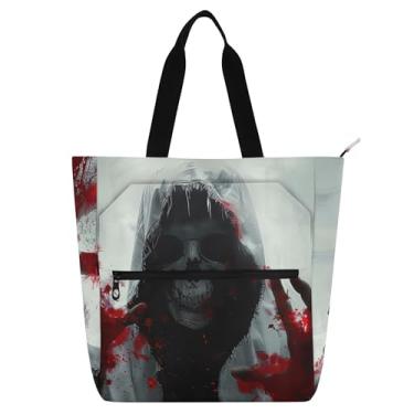 Imagem de GAIGEO Bolsa de trabalho feminina com capuz fantasmagórico de caveira ensanguentada em lona, bolsa escolar universitária, bolsas médias para amantes de livros