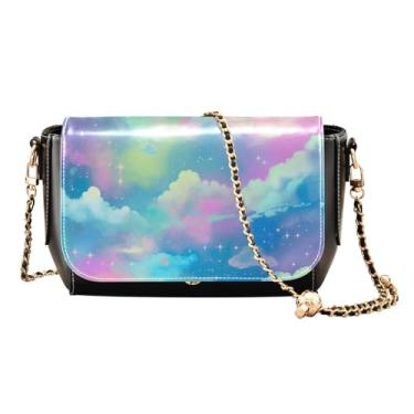 Imagem de GAIGEO Bolsa tiracolo feminina preta e marrom floral decorativa com alça de corrente dourada, Nuvem aquarela sobre azul e rosa - 1, One Size