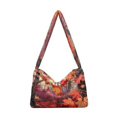 Imagem de Sacola de pelúcia colorida voando perto das nuvens, bolsas femininas, bolsa feminina para uso ao ar livre, Folhas vermelhas outono-3, One Size