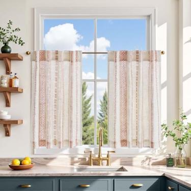 Imagem de jinchan Liora Boho Cortinas de cozinha 76 cm de linho com padrão geométrico café boêmia pequena filtragem de luz tratamento de janela para sala de estar RV aba traseira 2 painéis terracota em linho