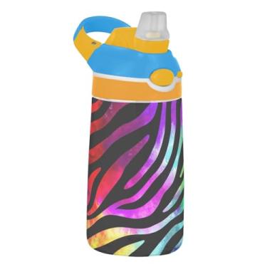 Imagem de Garrafa de água infantil com listras de zebra vibrante com canudo 473 ml Tritan 473 ml Garrafa de água de plástico reutilizável portátil para crianças, à prova de vazamento, alça de transporte