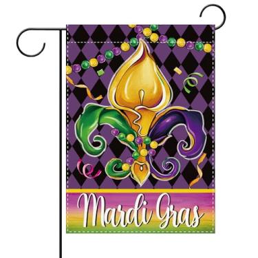 Imagem de Terkki Bandeira decorativa de jardim Mardi Gras Fleur De Lis, contas de carnaval de Nova Orleans Argyle decorações externas de quintal pequeno, estopa de baile de máscaras, decoração de casa ao ar