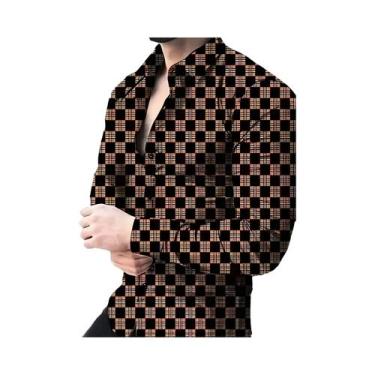 Imagem de Camisa Casual De Botão De Manga Longa Em Estampa Pied-de-Poule Para Pr