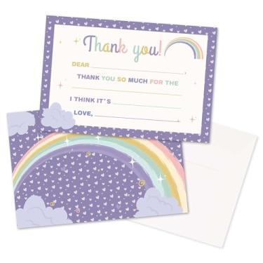 Imagem de Chuxvon Kids Thank You Cards Fill in the Blank, Boho Rainbow Thank You Notes For Boys Girls, Cartão de felicitações arco-íris roxo, lembrancinhas de decoração de festa de aniversário (20 cartões com
