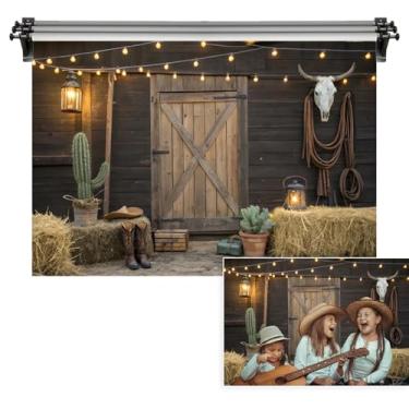 Imagem de Vie Savaran Fundo vintage ocidental 2,1 x 1,5 m celeiro rústico do oeste selvagem casa de madeira porta de parede cacto retrô chapéu de cowboy botas palheiro fotografia fundo crianças festa de