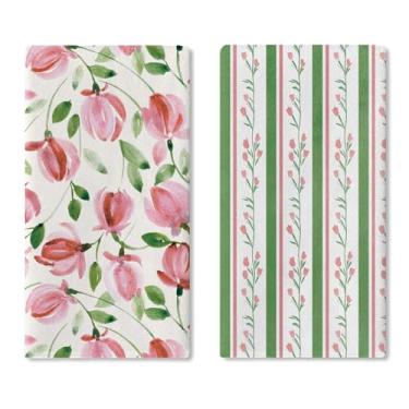 Imagem de Croar Conjunto de 2 panos de prato de cozinha com tema floral aquarela, rosa, verde, floral, listrada, cottagecore, toalha de mão, pano, cozinha, pano, primavera, verão, botânico, banheiro, decoração