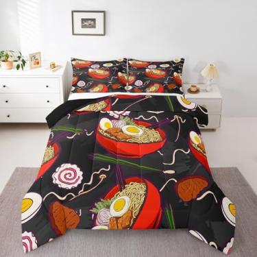 Imagem de Erosebridal Conjunto de cama de ramen japonês, comida deliciosa, para crianças, meninos e meninas, colcha de macarrão gostoso, bolo, ovos, enchimento de edredom para todas as estações