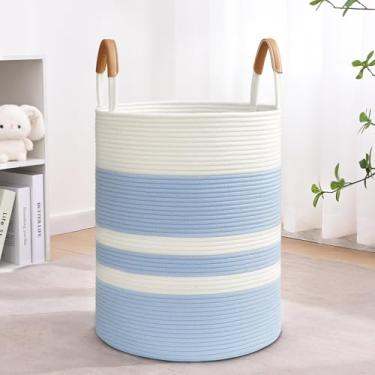 Imagem de Cesto de roupa suja listrado de 60 L com alças de couro, cesto de roupa grande dobrável para roupas, cesto de armazenamento de corda de algodão para cobertores, cesta de roupas de tecido para quarto