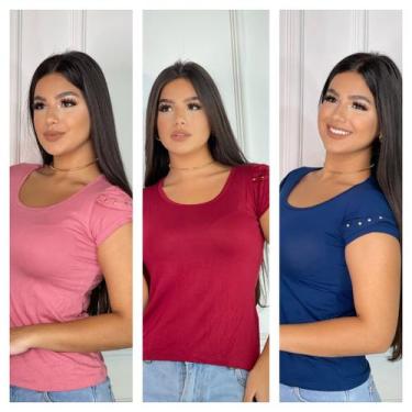 Imagem de Kit 3 blusas Femininas detalhe na Manga - GK, Rosa, Vermelho, Marinho