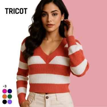 Imagem de Blusa Feminina Tricot Manga Longa Gola V Listrada Casual - Vitrine Col