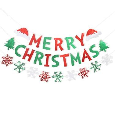 Imagem de Faixa de papel de feliz Natal com glitter - chapéu de Papai Noel, árvore floco de neve, faixa temática de festa de ano novo, adereços de cabine de fotos de Natal