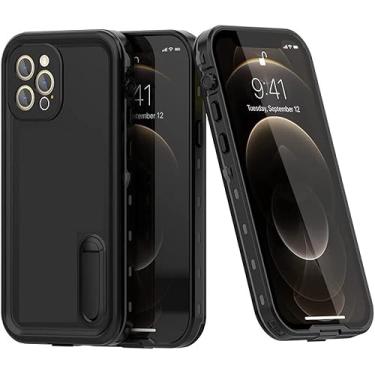 Imagem de KAVJU Capa magnética compatível com iPhone 12 Pro Max MagSafe, capa à prova d'água IP68 com suporte integrado à prova de choque capa protetora para iPhone 12 Pro Max 6,7 polegadas (cor: preto)