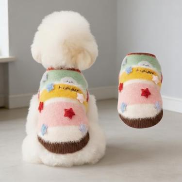 Imagem de Suéter para animais de estimação para cães e gatos, roupas aconchegantes de malha para clima frio com listras coloridas divertidas, ideal para atividades ao ar livre