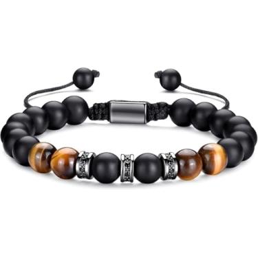 Imagem de Pulseira de contas de olho de tigre com contas pretas de lava, pulseira elástica para homens e mulheres, cordão elástico ajustável de pedra natural, joia de cura para meditação, ioga, equilíbrio