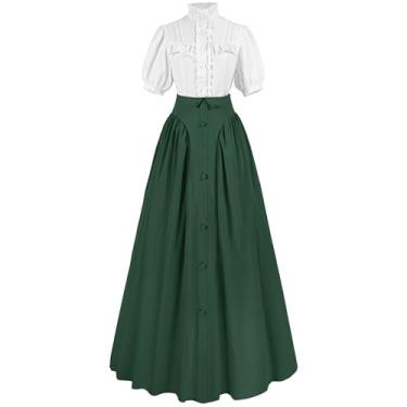 Imagem de CR ROLECOS Vestido vitoriano eduardiano feminino manga curta 1800 renascentista vestido de baile com bolsos verde XGG