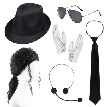 Imagem de Fantasia Pop Star, 6 peças, acessórios para fantasia de dança Pop Rockstar, inclui chapéu preto, óculos, lantejoulas/luvas, microfone cacheado, peruca cacheada, conjunto de fantasia Pop King para