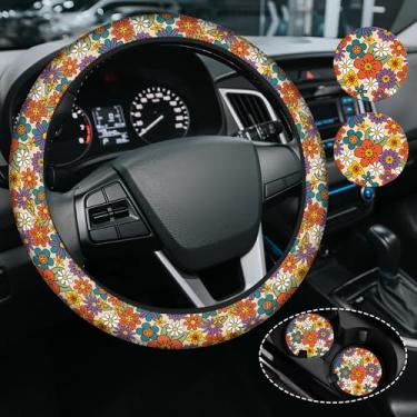 Imagem de Capa de volante floral margarida com flores coloridas, capa de volante de neoprene antiderrapante, acessório de carro de flores para mulheres e meninas, ajuste universal de 38 cm, SUVS, inclui 2