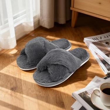 Imagem de Chinelos femininos em forma de cruz, dedos expostos, em forma de cruz, de pelúcia, quente, inverno, ambientes internos e externos, Cinza escuro, 8.5-10 Women/7-8.5 Men