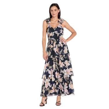 Imagem de R&M Richards Vestido maxi feminino elegante floral em camadas | Vestido de chiffon com decote coração romântico | Traje de coquetel para noite, Azul marinho/multi, 40