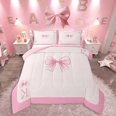 Imagem de jejeloiu Conjunto de edredom infantil com laço rosa, tamanho solteiro, personalizado, inicial K, edredom de princesa, para crianças, meninos, meninas, quarto, laço, alfabeto, microfibra, ultramacia