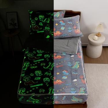 Imagem de NTBED Jogo de cama solteiro com zíper que brilha no escuro para crianças, meninos, dinossauro, espaço felpudo e lençol com elástico