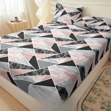 Imagem de Jogo de Lençol Listras Preto e Branco 3 Peças Percal Estampado Solteiro/Casal/Queen(Marmorizado rosa,Queen 03 Peças)