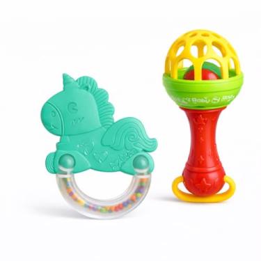 Imagem de Kit Chocalho Bastão + Mordedor Unicórnio com Bolinhas – Sensorial, Educativo e Seguro para Bebês – Cores Vibrantes, Fácil de Segurar, Estimula Coordenação, Audição e Dentição – Livre de BPA (Verde Água, Unicórnio)