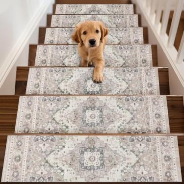 Imagem de Escada antiderrapante 20.3 cm x 76.2 cm, tapete de escada de borracha marrom claro lavável reutilizável escada degraus para degraus de madeira, escada de segurança interna para crianças idosos cães