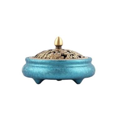 Imagem de Queimador de incenso clássico criativo auspicioso de latão com tampa, ornamentos decorativos para ambientes internos, suporte de incenso de três pernas (azul)