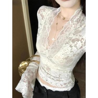 Imagem de Camisetas Femininas Sexy Com Decote Em V, Renda Transparente, Manga Lo