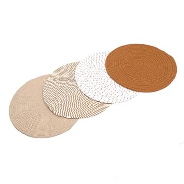 Imagem de HURRISE Conjunto de Jogo Americano Tecido de 4 Peças de 13 Polegadas, Tapetes de Mesa Boêmios Redondos Antiderrapantes, Resistentes Ao Calor, Com Corda de Algodão Dupla Face, para (Série Marrom)
