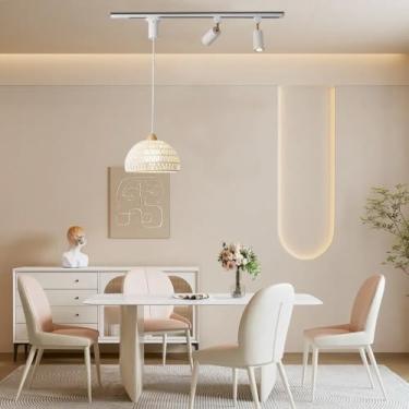 Imagem de Luminária pendente de vime com trilho de alimentação, GU10*2 LED, estilo boho vintage, para teto, com foco ajustável, abajur de vime, soquete E27, estilo rústico, ideal para cozinha, sala de