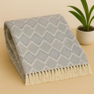 Imagem de Manta Luxo Gigante para Sofá e Cama 2,40x1,80m Algodão Premium Decorativa Artesanal Capa Protetora(TAMBABA 2.4X1.8M AZUL C/BEGE)