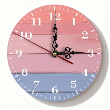 Imagem de Relógio de parede de madeira ombré rosa e azul - Shiplap silencioso sem tique-taque decoração rústica para casa de fazenda, quarto, escritório em casa - relógio pequeno com destaque - 19 cm