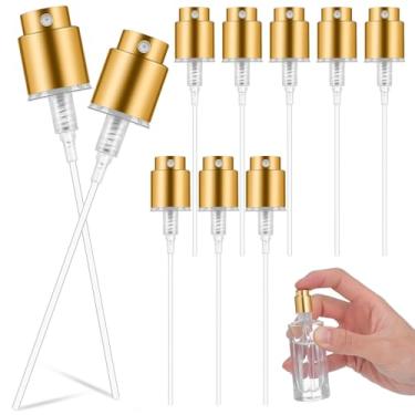 Imagem de SEWACC 10 frascos de spray de perfume, cabeça de spray de névoa de perfume dourado de plástico para frascos de óleo essencial de pescoço de 13 mm, atomizador de fragrância DIY, uso doméstico