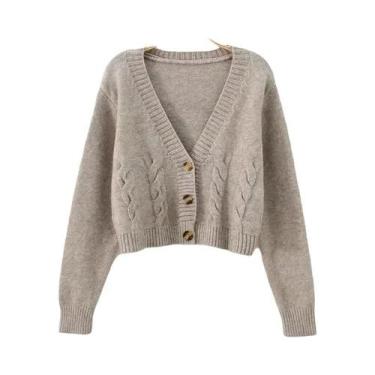 Imagem de Cardigan Feminino Cropped Com Decote Em V, Manga Longa, Suéter Trançad