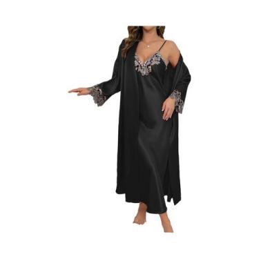 Imagem de Conjunto De Pijamas Femininos Elegante Com Decote Em V, Renda, Cinto, 