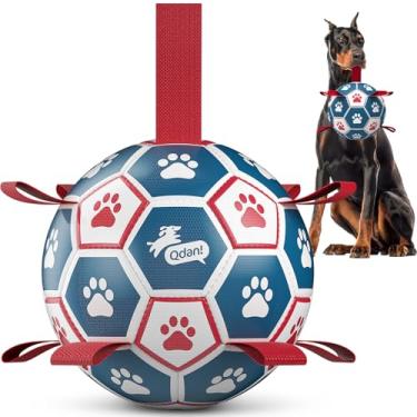 Imagem de QDAN Bola de futebol para cães com alças - Bolas de cachorro gigantes duráveis, brinquedos para uso ao ar livre e aquáticos, bola de pastoreio, presentes de aniversário (25 cm)