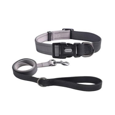 Imagem de Olahibi Conjunto de coleira de cachorro, cor gradiente, com tiras refletivas de segurança, coleira combinando de 1,5 m, alça acolchoada de neoprene, ajustável em 4 tamanhos para cães pequenos, médios