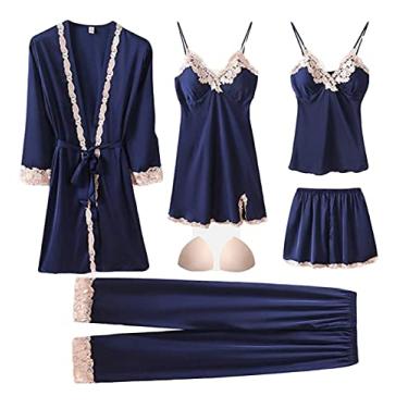 Imagem de Conjunto de pijama feminino pijama feminino roupa de dormir feminina pijama de cetim camisola 5 peças roupão roupão camisola XXL azul marinho-B (azul marinho b)