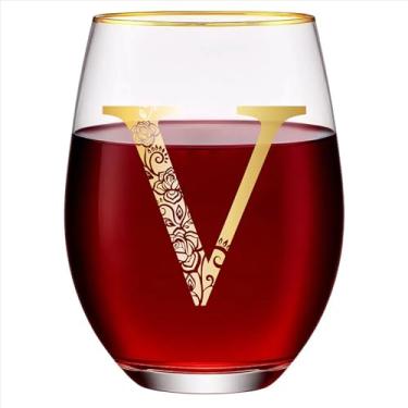 Imagem de Taça de vinho com monograma floral sem haste exclusiva gravada com inicial para tinto ou branco 425 g copo de vinho letra V - presentes para mulheres, homens, presentes de aniversário, Natal,
