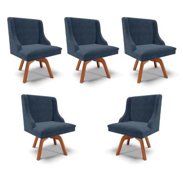 Imagem de Kit 5 Cadeiras Decorativas Sala de Jantar Base Giratória de Madeira Firenze Suede Azul Marinho/Natural G19 - Gran Belo