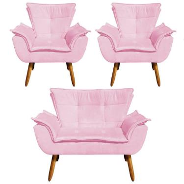 Imagem de Kit 01 Namoradeira 02 Poltronas Suede Rosa Bebê